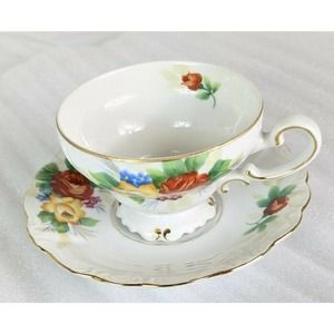 Ohata China Occupied Japan Floral Tea Cup & Saucer Set Red Yellow Gold